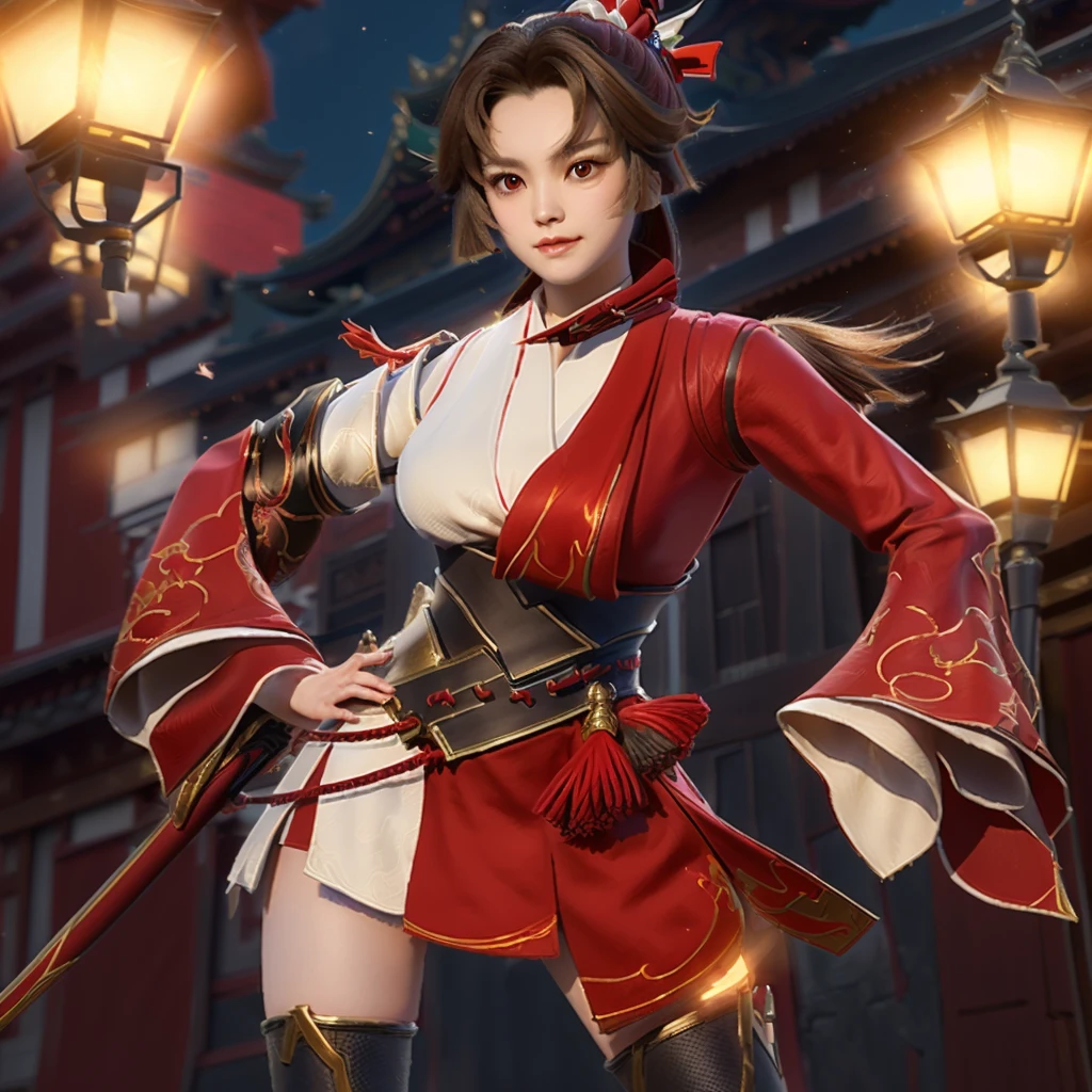 a woman in a red and white outfit standing on a street, onmyoji, onmyoji detailed art, zhongli from genshin impact, onmyoji portrait, keqing from genshin impact, ayaka genshin impact, ayaka game genshin impact, katana zero video game character, inspired by Pu Hua, inspired by Li Mei-shu