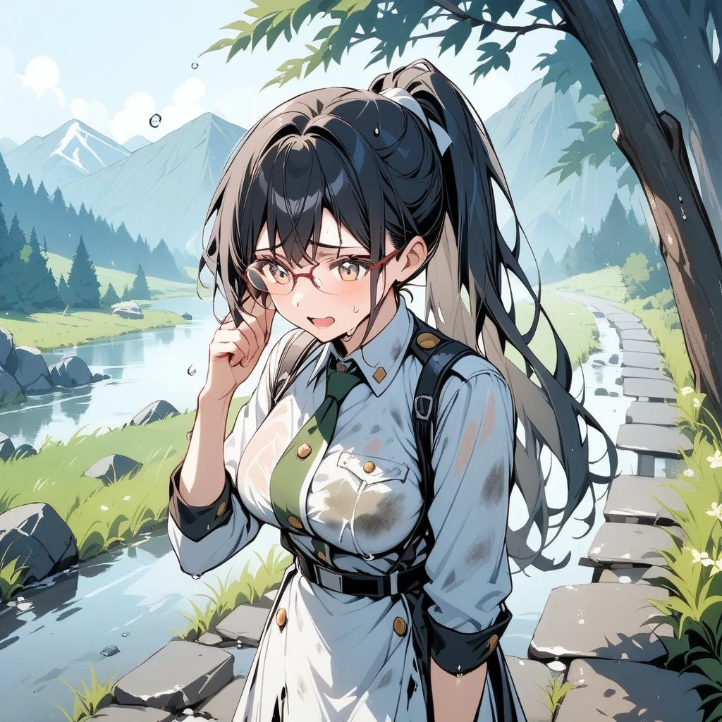 Black Hair, long hair, ponytail,Glasses,uniform,Dripping Sweat, Drenched ,Dirty clothes, tattered clothes,Rugged mountain path,Sudden rain, one girl, 