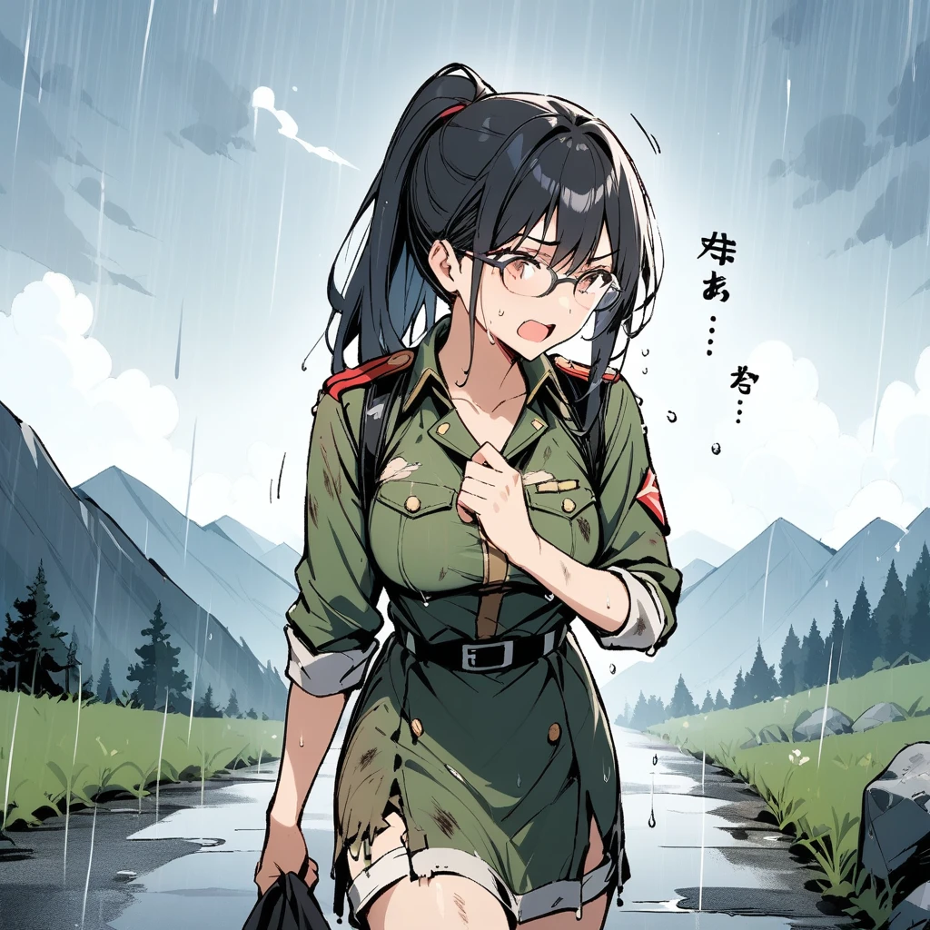 Black Hair, long hair, ponytail,Glasses,uniform,Dripping Sweat, Drenched ,Dirty clothes, tattered clothes,Rugged mountain path,Sudden rain, one girl, 