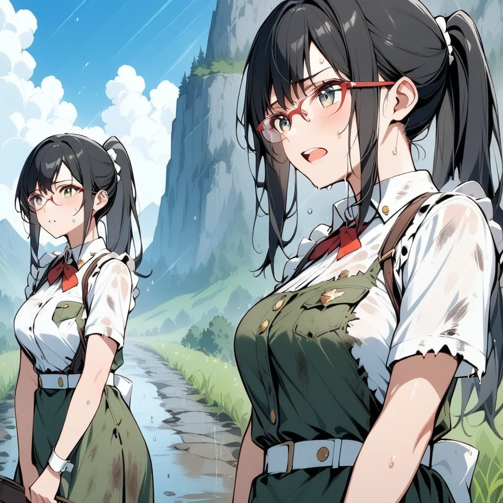 Black Hair, long hair, ponytail,Glasses,uniform,Dripping Sweat, Drenched ,Dirty clothes, tattered clothes,Rugged mountain path,Sudden rain, one girl, 