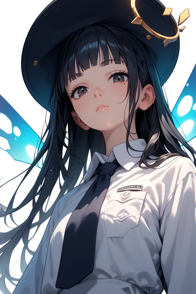 score_9, score_8_up, score_7_up, score_6_up, Hat, 1girl, black hair, blunt bangs, long hair, broken halo, black eyes, mole below left eye, alternative clothes, white shirt, collared shirt, energy wings, looking at viewer, from below, close-up, menacing, calm, portrait, white background,