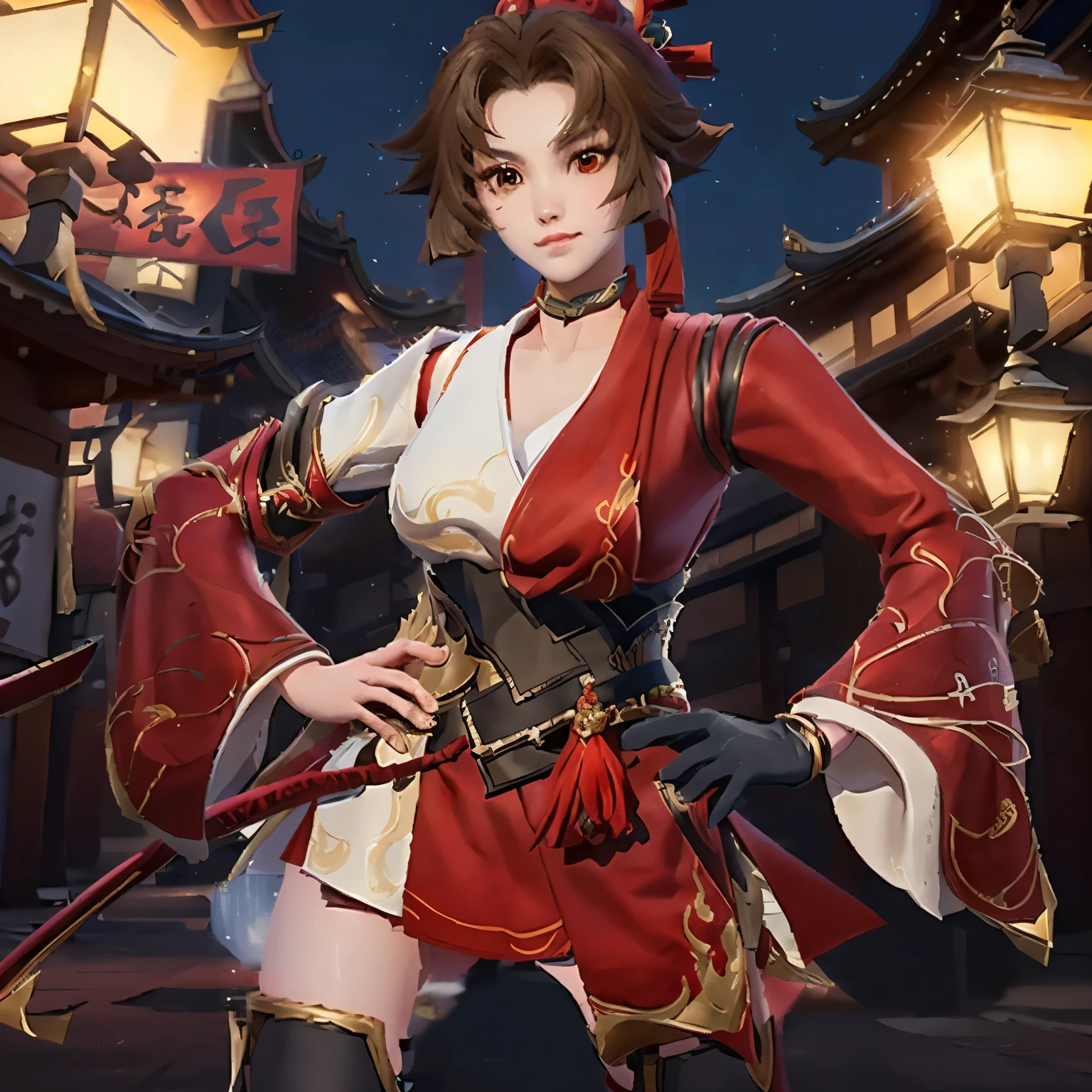 a woman in a red and white outfit standing on a street, onmyoji, onmyoji detailed art, zhongli from genshin impact, onmyoji portrait, keqing from genshin impact, ayaka genshin impact, ayaka game genshin impact, katana zero video game character, inspired by Pu Hua, inspired by Li Mei-shu