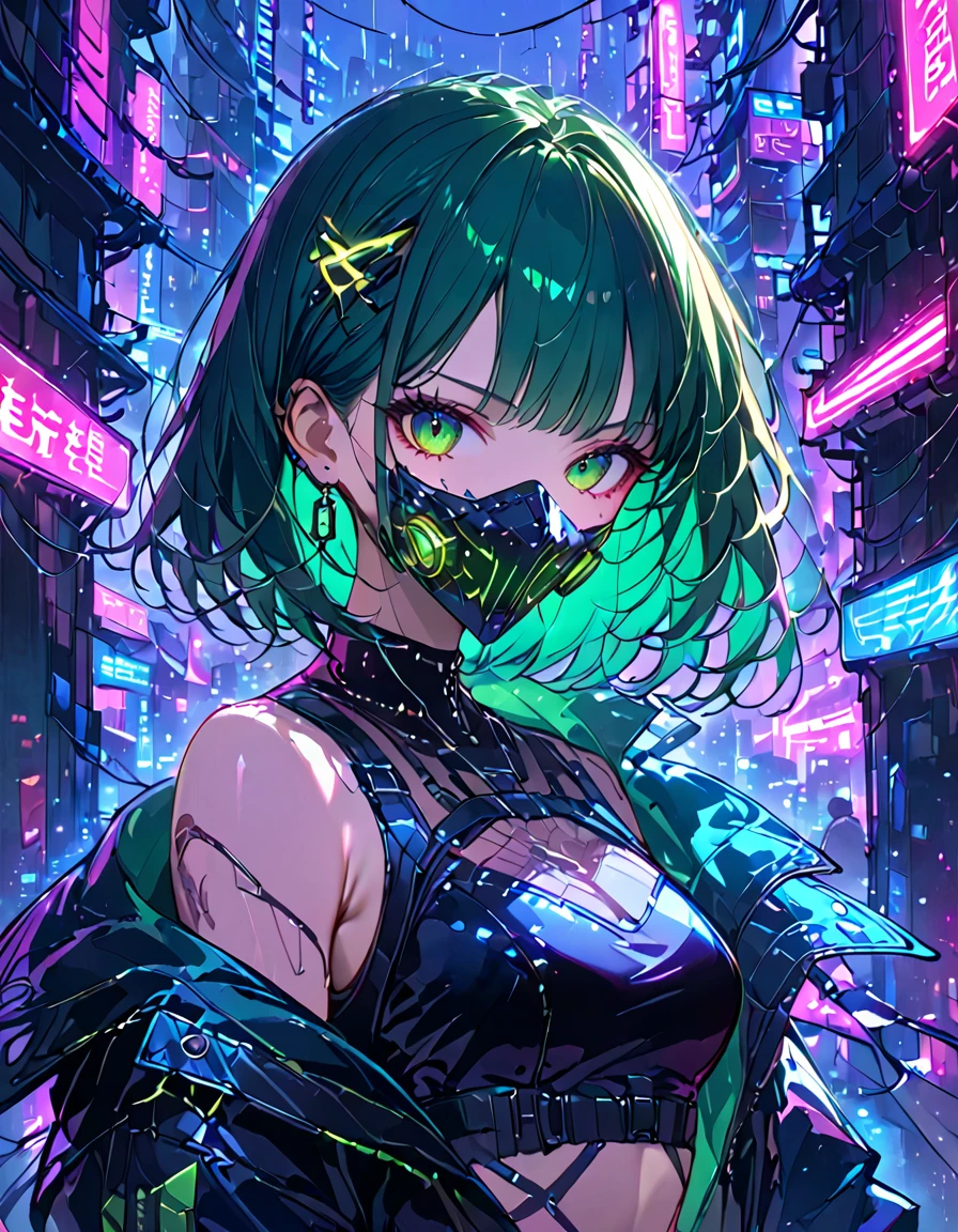 Cyberpunk theme, upper body, dark green hair, medium hair, cyber design mask, cyberpunk costume, jacket that glows like neon light, midnight, midnight neon city, neon light,（masterpiece：1.2）、（Best Quality：1.2）、（ very aesthetic ：1.2）、（ absurd：1.2）、（ detailed background）、up to date、Safety、complicated、 very detailed skin、