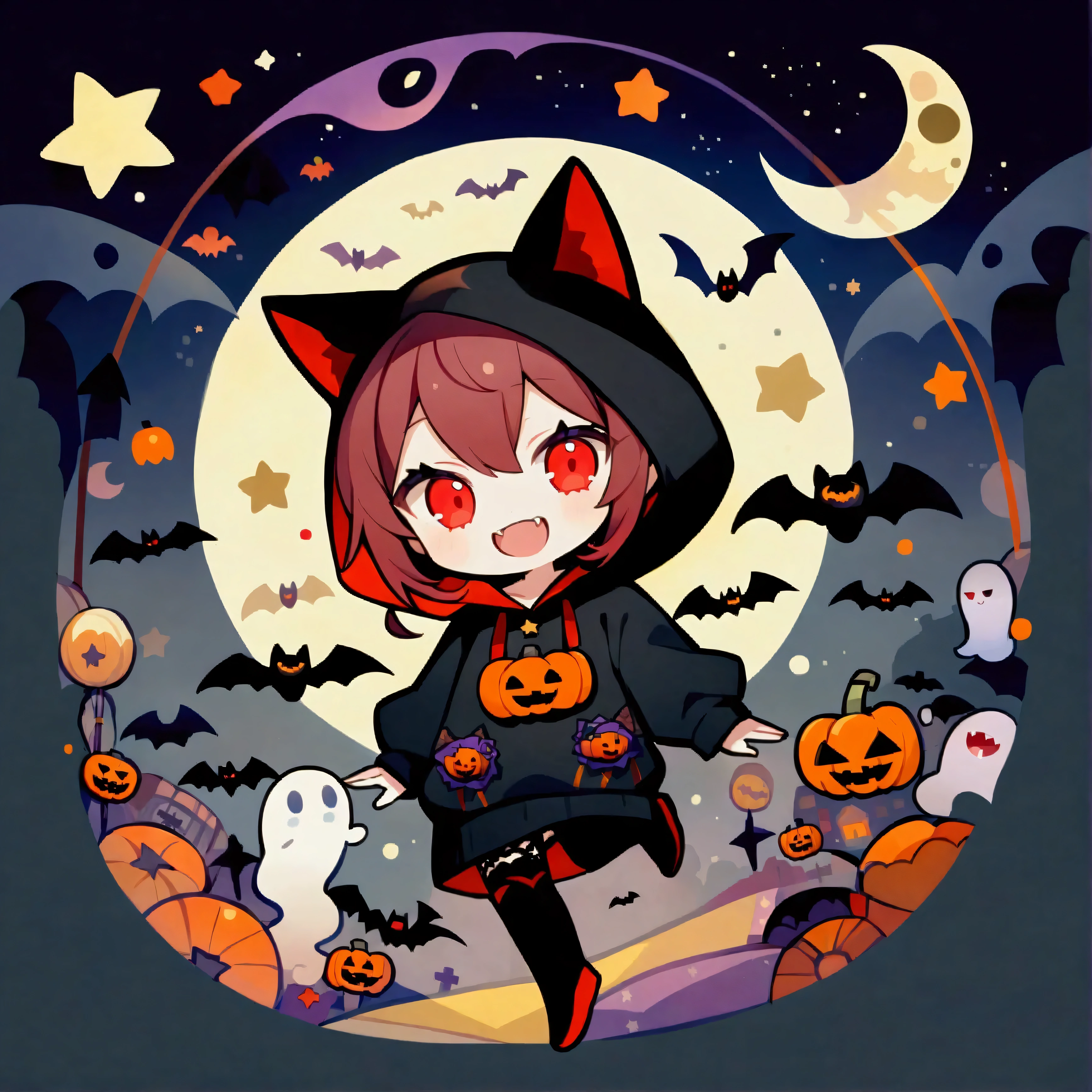 handicraft artwork,patchwork,cloth,button,Felt fabric,Embroidery thread,Handicrafts with a warm and gentle atmosphere,(Halloween,A vampire girl wearing a hooded hoodie with black cat ears laughs,Double teeth:Show your fangs,Red eyes,Chibi, full body,ghost silhouette,Bats,Night Sky,star,moon),A dream-like sight,rustic colors,intricate details,artwork,Three-dimensional