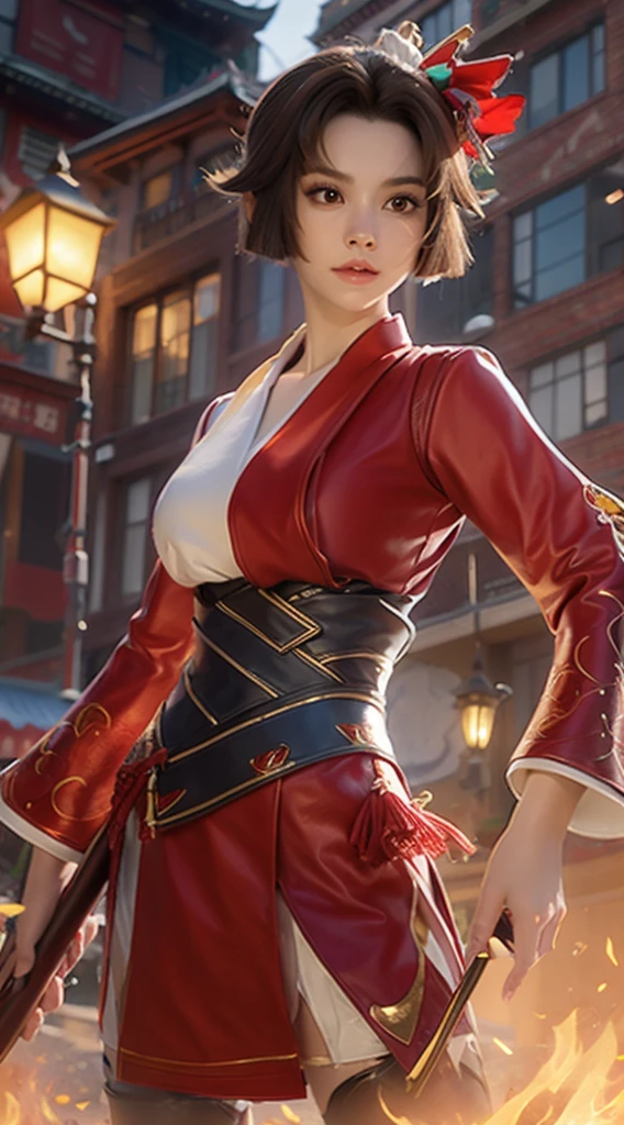 a woman in a red and white outfit standing on a street, onmyoji, onmyoji detailed art, zhongli from genshin impact, onmyoji portrait, keqing from genshin impact, ayaka genshin impact, ayaka game genshin impact, katana zero video game character, inspired by Pu Hua, inspired by Li Mei-shu