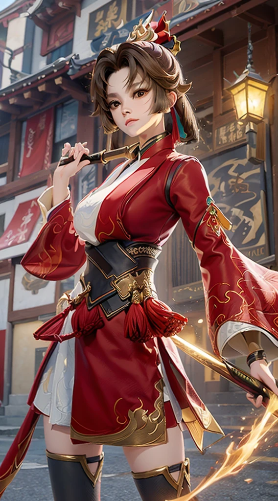 a woman in a red and white outfit standing on a street, onmyoji, onmyoji detailed art, zhongli from genshin impact, onmyoji portrait, keqing from genshin impact, ayaka genshin impact, ayaka game genshin impact, katana zero video game character, inspired by Pu Hua, inspired by Li Mei-shu