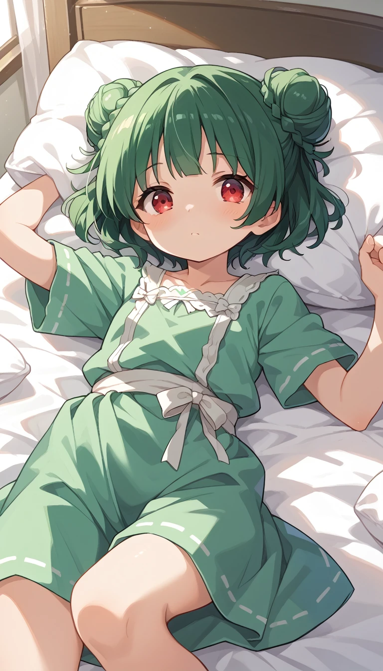 one girl, An anime girl is lying on the bed with green hair and red eyes, Cute anime girl visuals,   Anime Moe Art Style  , Rei Hiroe, Bun Head, 4K Manga Wallpaper, Green clothes,  top rated on pixiv, Best Anime 4K Konachan Wallpaper , Anime Wallpaper, On my bed, get up