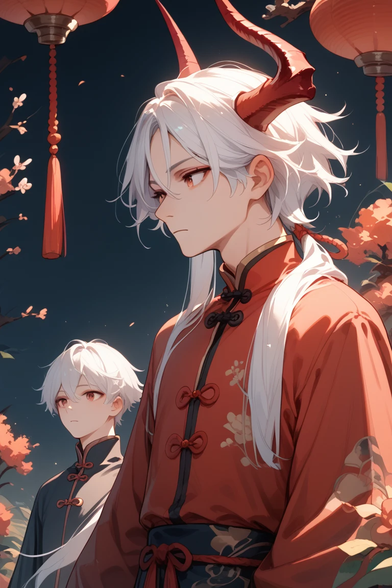 score_9, score_8_up, score_7_up, score_6_up, Boy Attractive looking forward, red eyes, short white hair with two long locks on the sides of his face, red horns, Chinese style red clothing and a white hair scarf