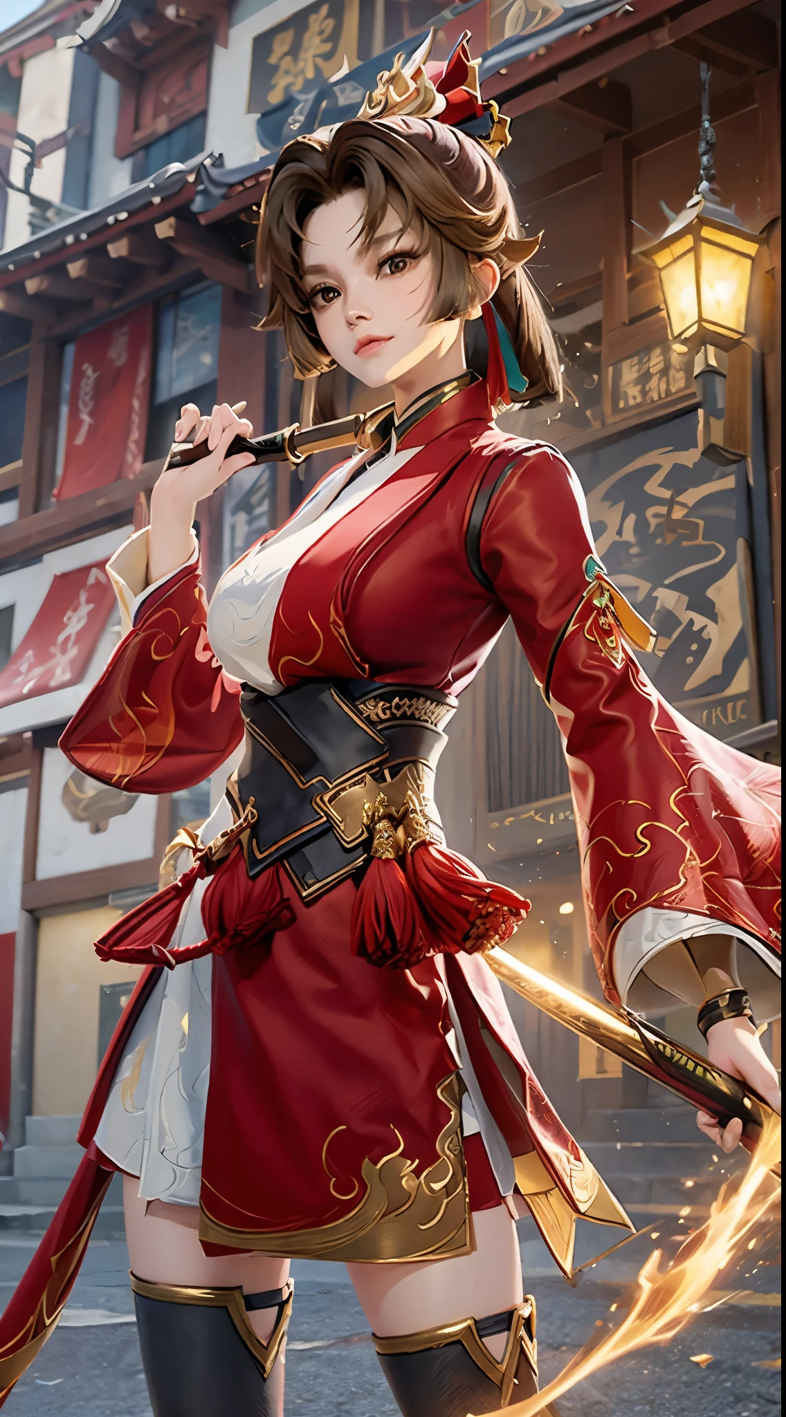 a woman in a red and white outfit standing on a street, onmyoji, onmyoji detailed art, zhongli from genshin impact, onmyoji portrait, keqing from genshin impact, ayaka genshin impact, ayaka game genshin impact, katana zero video game character, inspired by Pu Hua, inspired by Li Mei-shu