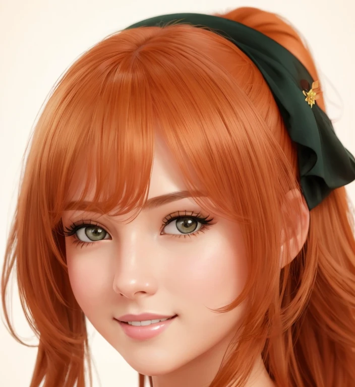 a young woman in her 20s(perfecta).  Of English and American origin  (perfecta, beautiful,linda,sexy), a small part of Asia  (beautiful,elegant,sexy), big eyes,  extremely detailed 8k wallpagapager CG unit),(master page  ), ( la mejor calidad), (  ultra-detailed  ), (  best illustration ),(Best shadow), cowboy shot, Standing.beautiful smile, Autumnal copper orange hair, Chubby cheeks 