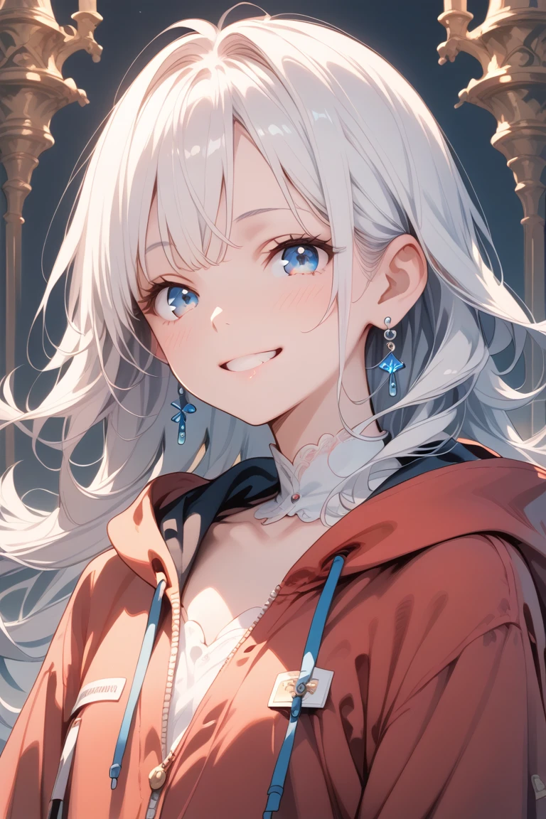 score_9, score_8_up, score_7_up, score_6_up, 1 girl, Solo, High resolution, Long hair, chest, Look at the audience, Blushing, smile, shill, Simple background, Blue eyes, White hair, decorations, earring, Hood, earphones, Masterpiece, Anatomically correct, Best quality, chestใหญ่, 