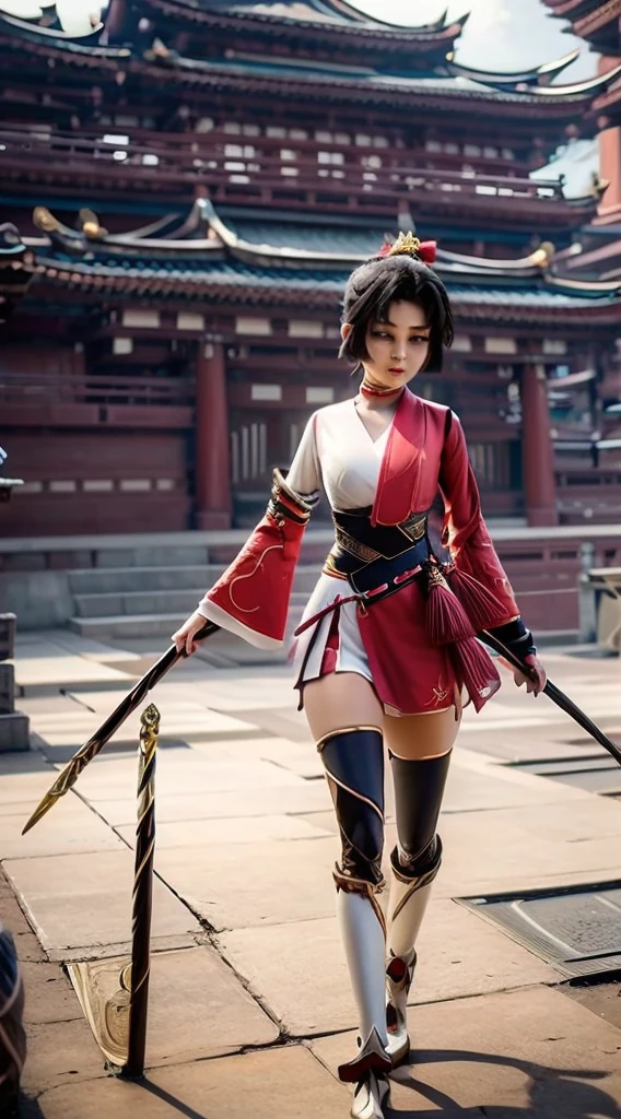 a woman in a red and white outfit standing on a street, onmyoji, onmyoji detailed art, zhongli from genshin impact, onmyoji portrait, keqing from genshin impact, ayaka genshin impact, ayaka game genshin impact, katana zero video game character, inspired by Pu Hua, inspired by Li Mei-shu