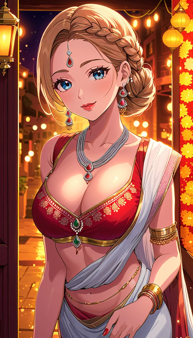 a young woman leaning down, single hair braid, detailed alluring eyes, smooth detailed lips, beautiful face, smiling, red lipstick, navel, bangles, saggy breasts, small cleavage, beautiful floral white saree with intricate patterns, big long jhumka earrings, ) Diwali festival, background house entrance,diwali,manga tikka , jewellery, diamond necklace,gold necklace,silver chain, bangles,silver bangles,rings, wedding ring,nail polish,makeup eyeshadow ,