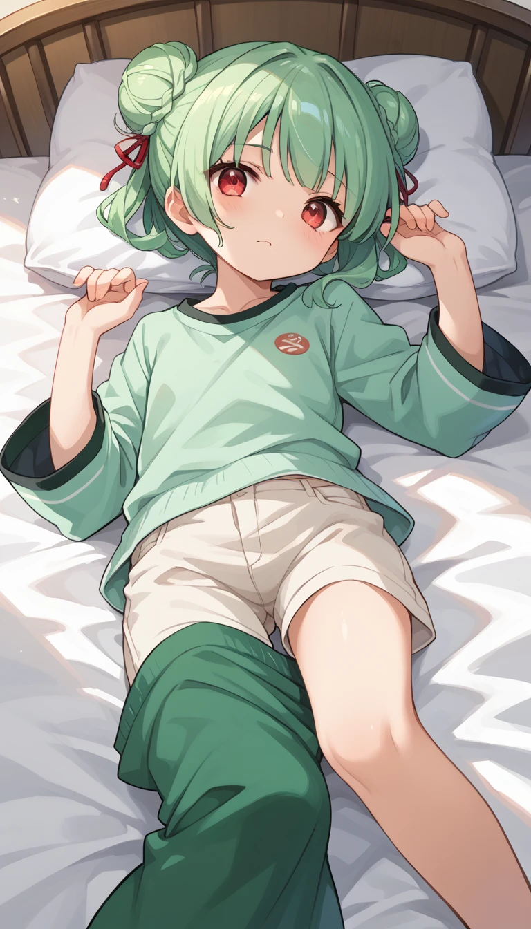 one girl, An anime girl is lying on the bed with green hair and red eyes, Cute anime girl visuals,   Anime Moe Art Style  , Rei Hiroe, Bun Head, 4K Manga Wallpaper, Green clothes,  top rated on pixiv, Best Anime 4K Konachan Wallpaper , Anime Wallpaper, On my bed, get up