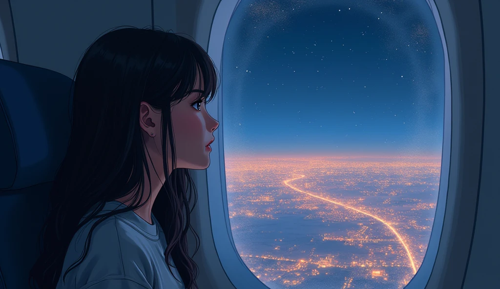 8k、High school girl、Mature、Sweatshirts、 long hair、plane、View the city at night from the window、 romantic 、 glitter、Retro、Anime 2D Style、Lo-Fi、LoFi、アニメ調Illustration、Illustration