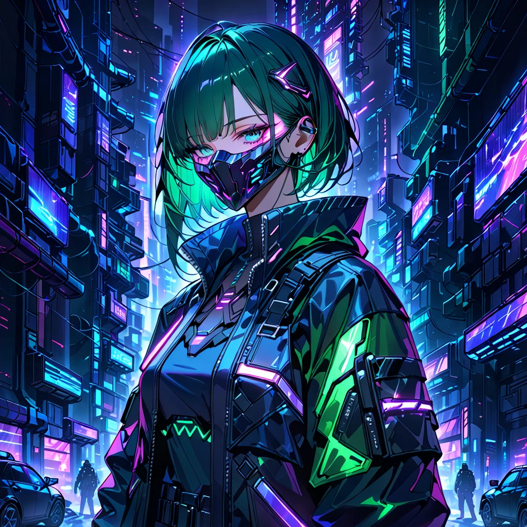 Cyberpunk style, upper body, dark green hair, middle hair, cyber design mask, cyberpunk costume, jacket that glows like neon light, midnight, midnight neon city, neon light, bioluminescence, (masterpiece: 1.2), (highest quality: 1.2), (very aesthetic: 1.2), (absurd: 1.2), (detailed background), latest, safety, complex, very detailed touch