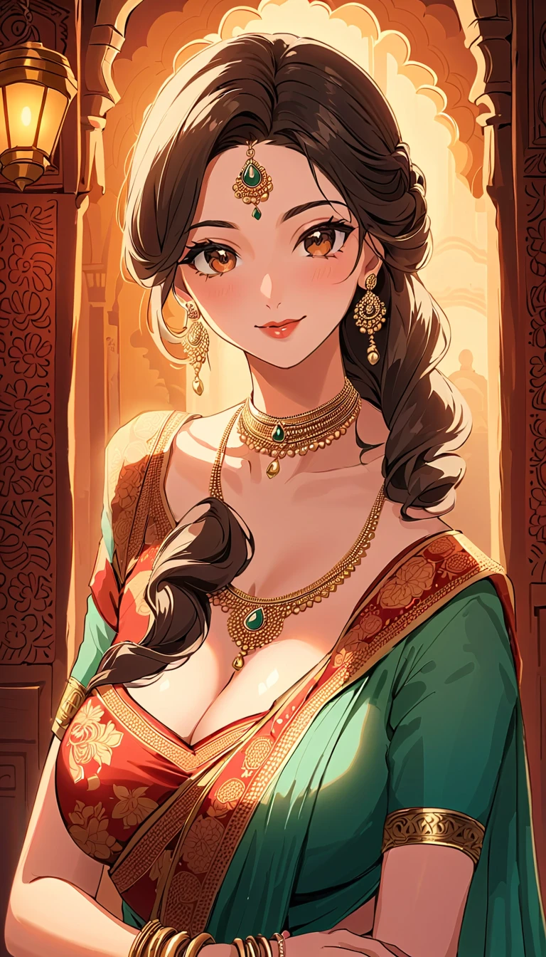 a young woman leaning down, single hair braid, detailed alluring eyes, smooth detailed lips, beautiful face, smiling, red lipstick, navel, bangles, medium saggy breasts, small cleavage, beautiful floral white saree with intricate patterns, big long jhumka earrings, ) Diwali festival, background house entrance,diwali,manga tikka , jewellery, diamond necklace,gold necklace,silver chain, bangles,silver bangles,rings, wedding ring,nail polish,makeup eyeshadow ,