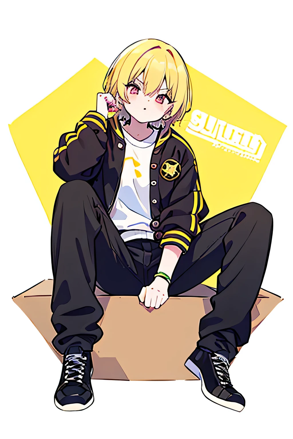 yellow letterman jacket, yellow hair, red eyes, black long pants, full body, high quality, sitting , White background, Button detail,  looks up