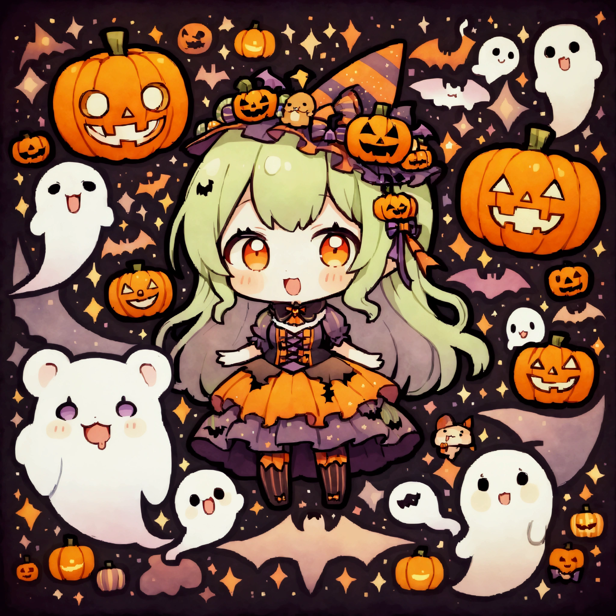 handicraft artwork,patchwork,cloth,button,Felt fabric,Embroidery thread,Handicrafts with a warm and gentle atmosphere,(Halloween,A girl dressed up as a hamster laughs, drool ,Chibi, full body, pumpkin,ghost silhouette,Bats),A dream-like sight,rustic colors,intricate details,artwork,Three-dimensional