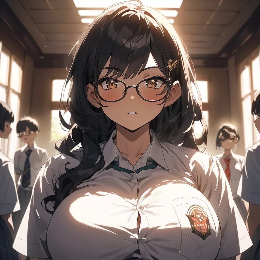  From front, anime girls, light skin, Mommy aura, black hair, long and wave hair, Eye glasses, huge breas , big thigs, Indonesia highschool Uniform, On school, Warm lighting, Dramatic lighting, Cinematic, 4K quality, Beautiful scenery, confidence expression