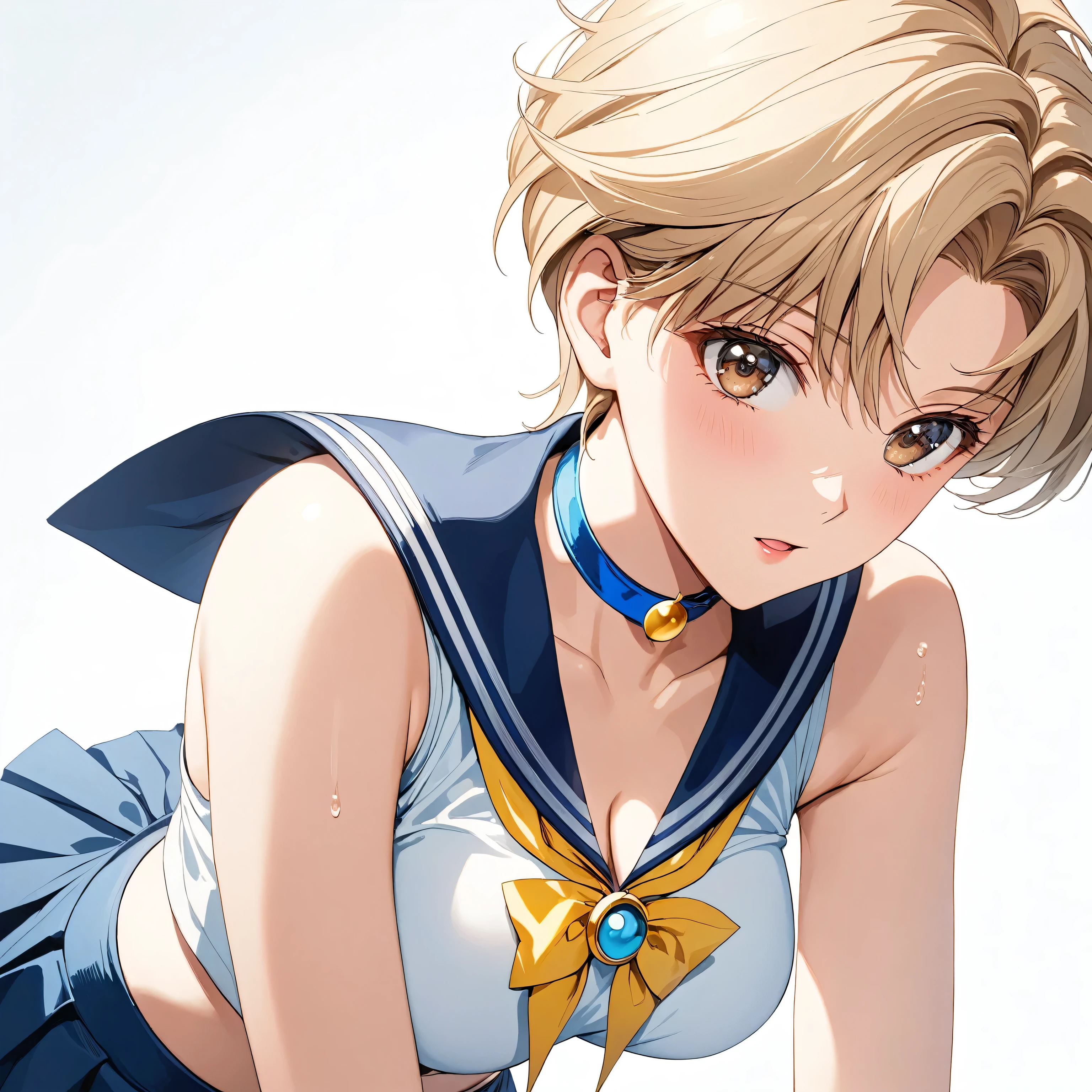 masterpiece, Best Quality, High resolution,16k,official art,super detailed skin,detailed,animated painting,(Sailor uranus:1.5),(E-cup beautiful breasts)、 (tall:1.2),height: 175cm,Fashion model body type、clevage,Sexy long legs, pale blondy hair,very shortcut hair、boyish,brown eyes,  (sailor uranus costume,sleaveless white shirt,blue collar,blue ribon,blue skirt:1.5),Sweating all over the body、Muscular、1girl,solo,shy,blush,(vulgarity:1.2)、(Ahegao:1.3),Anime-style painting style,Close up on upper body,Cinematic lighting,Superfine,Seductively Posing,dynamic angle,extreme closeup shot,simple white background