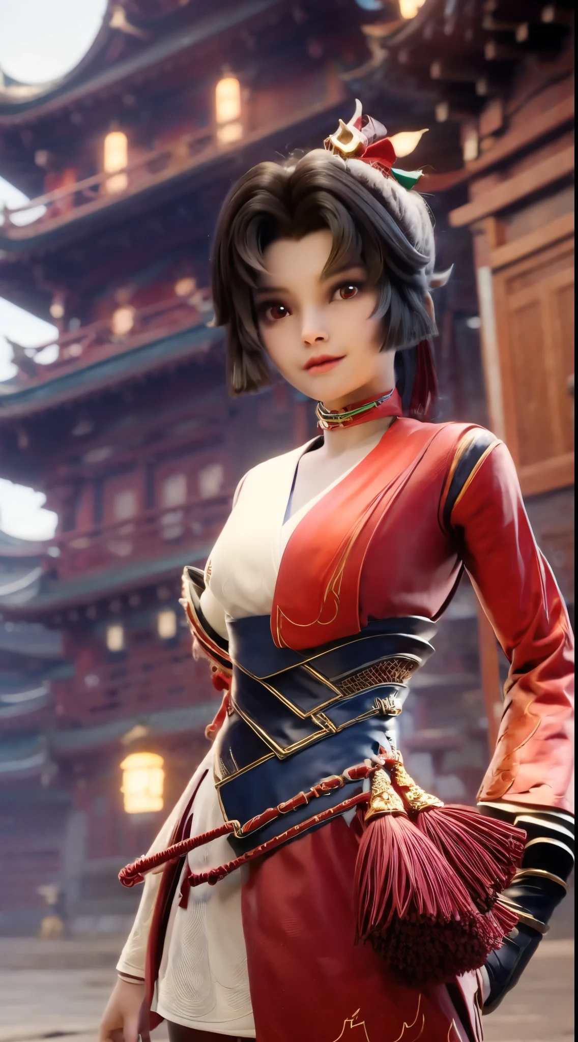 a woman in a red and white outfit standing on a street, onmyoji, onmyoji detailed art, zhongli from genshin impact, onmyoji portrait, keqing from genshin impact, ayaka genshin impact, ayaka game genshin impact, katana zero video game character, inspired by Pu Hua, inspired by Li Mei-shu,detailed ,aesthetic photography 