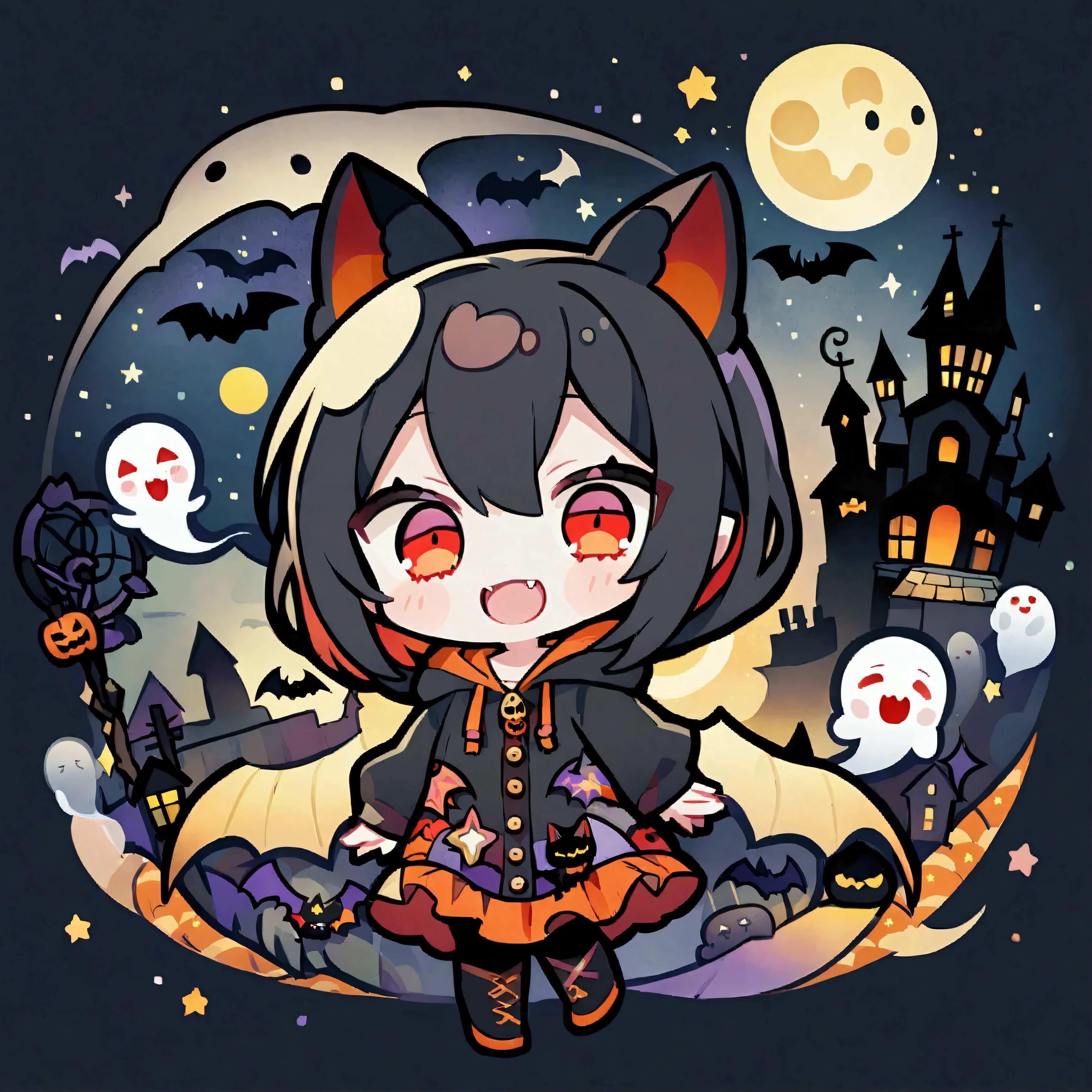 handicraft artwork,patchwork,cloth,button,Felt fabric,Embroidery thread,Handicrafts with a warm and gentle atmosphere,(Halloween,A vampire girl wearing a hooded hoodie with black cat ears laughs,Double teeth:Show your fangs,Red eyes,Chibi, full body,ghost silhouette,Bats,Night Sky,star,moon),A dream-like sight,rustic colors,intricate details,artwork,Three-dimensional