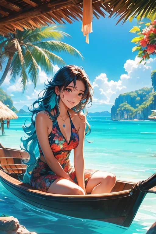 A 22-year-old Thai woman sitting at the front of a boat, facing the camera with a gentle smile. She is wearing a floral swimsuit, her long wavy hair cascading over her shoulders. The boat floats on crystal-clear turquoise water, revealing vibrant coral reefs below. Behind her are stunning limestone cliffs and lush greenery, creating a peaceful, tropical atmosphere. The sky is bright and clear, perfect for a summer day.