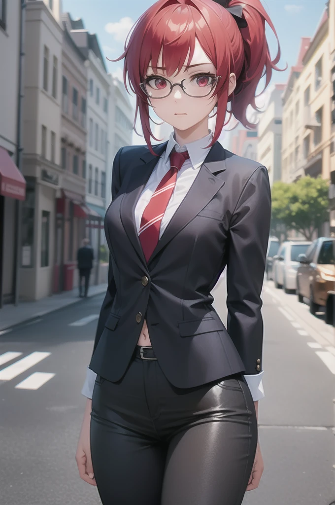 (best quality:1.2), 1girl, (masterpiece:1.2), raytracing, cute face, perfect face, ultra detailed,detailed face, 8k wallpaper, (wide hips:0.8), KobayashiDragonMaid_NDV, 1girl, red hair, small breasts, ponytail, red eyes, white shirt, tie, black pants, outdoor, glasses, bussines suit