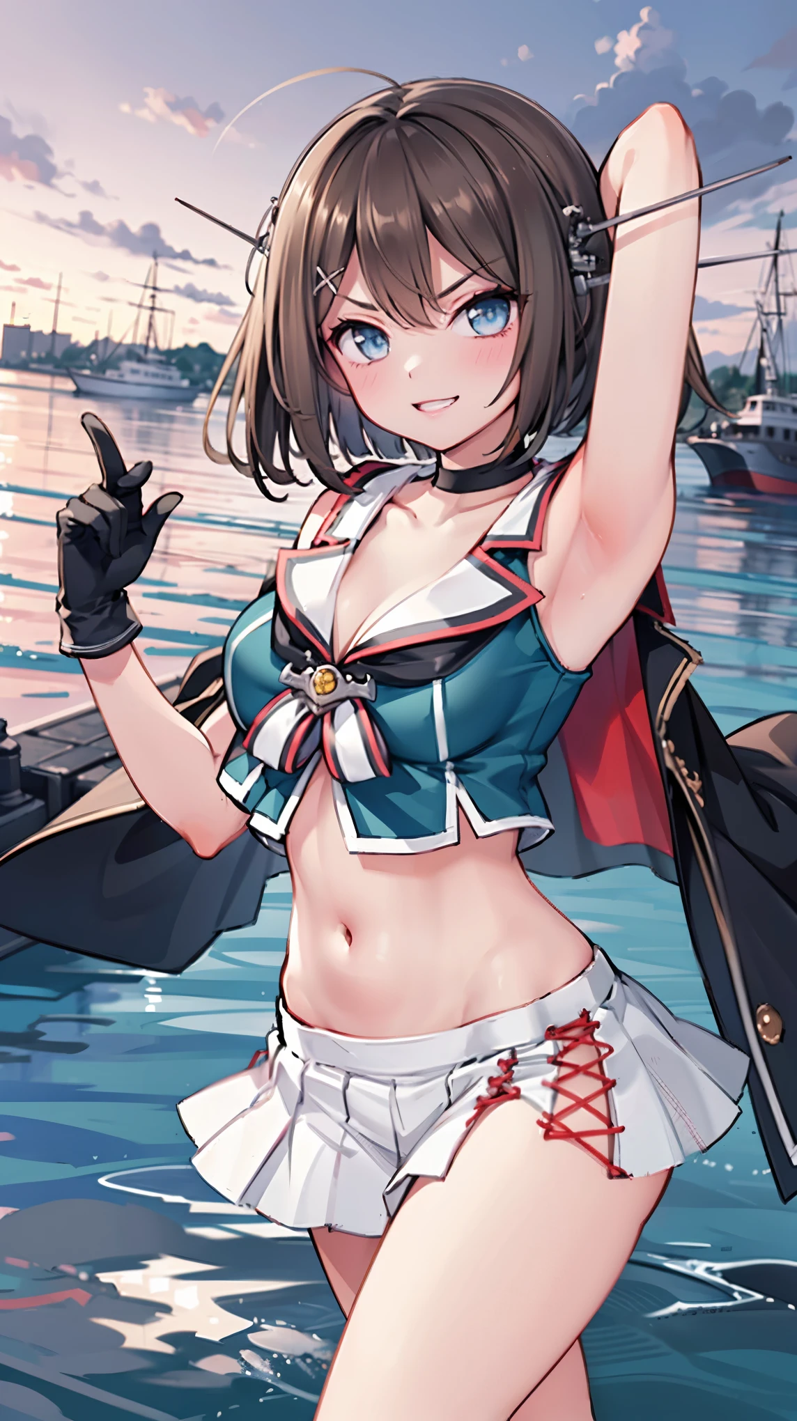 best quality, integrated scenery, integrated background, extremely delicate and beautiful, meticulous details, good composition, , cute face, perfect face, perfect hands,an anime style  ,1young_teen_ girl, brown_hair, medium_bob_hair, blue_midriff_baring_sailor_uniform, mini_skirt, short_sleeve, thighs, large_breasts, (angry_eyebrows:0.8),big_smile,standing,open_legs,large_eyes, harbor_background, slightly_spread_legs, happiness, short_gloves,headgear,(abs:0.7)