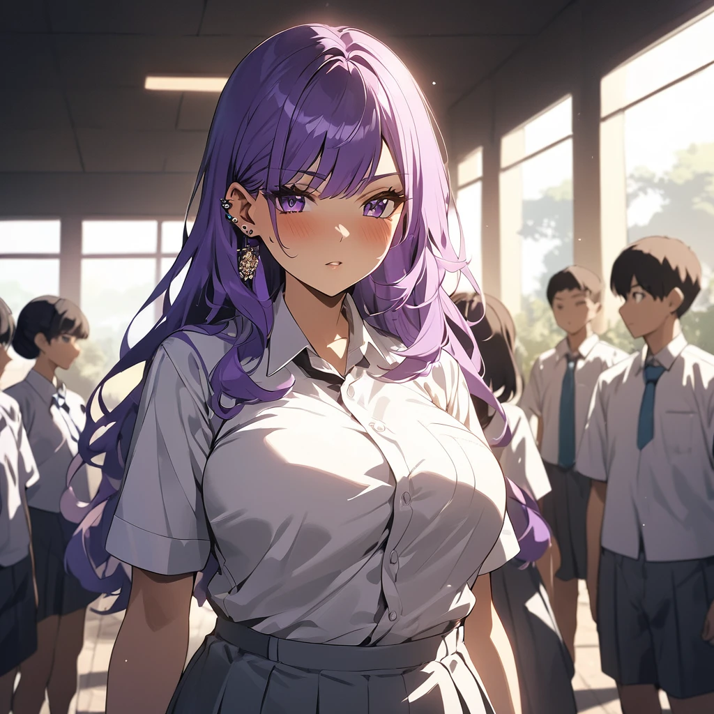  From front, anime girls, light skin, Mommy aura, purple hair, short and wave hair, ear piercing, huge breas , big thigs, Indonesia highschool Uniform, On school, Warm lighting, Dramatic lighting, Cinematic, 4K quality, Beautiful scenery, confidence expression