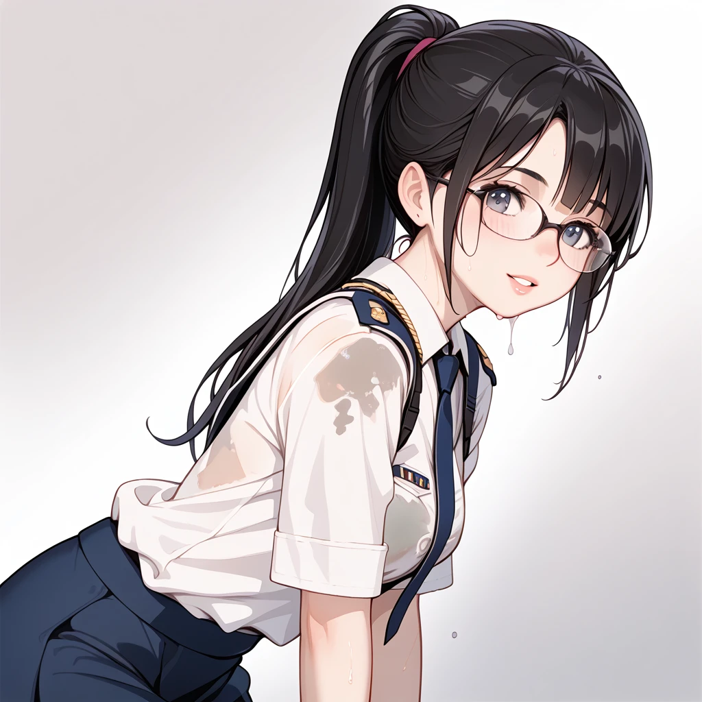 Black Hair, long hair, ponytail,Glasses,uniform,Dripping Sweat, Drenched ,Dirty clothes, tattered clothes,shabby shed , dirty mat , pushed over, 1 girl, 