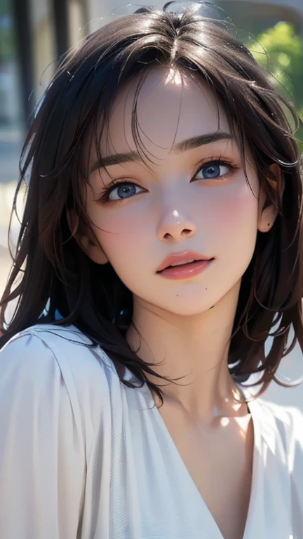 Tropical sandy beach、(logo、masterpiece、8K、Tabletop、RAW Photos、wonderful、最high quality、Photorealistic and very detailed CG synthesis 8k wallpaper、high quality、Very detailed、narrative poem、particles effect、Dynamic Effects、Depth of written boundary、Cinematic Light、Lens flare、Ray Tracing)、Fantasy、 (1 beauty、Cherry blossom shirt、Black-haired、Beautiful Face、True Face、Beautiful details、eye、Beautiful Skin)、髪がwindで踊る、Hair flutters in wind、Hair bounces、wonderful view、Morning Glow、Sun in the background、wind、