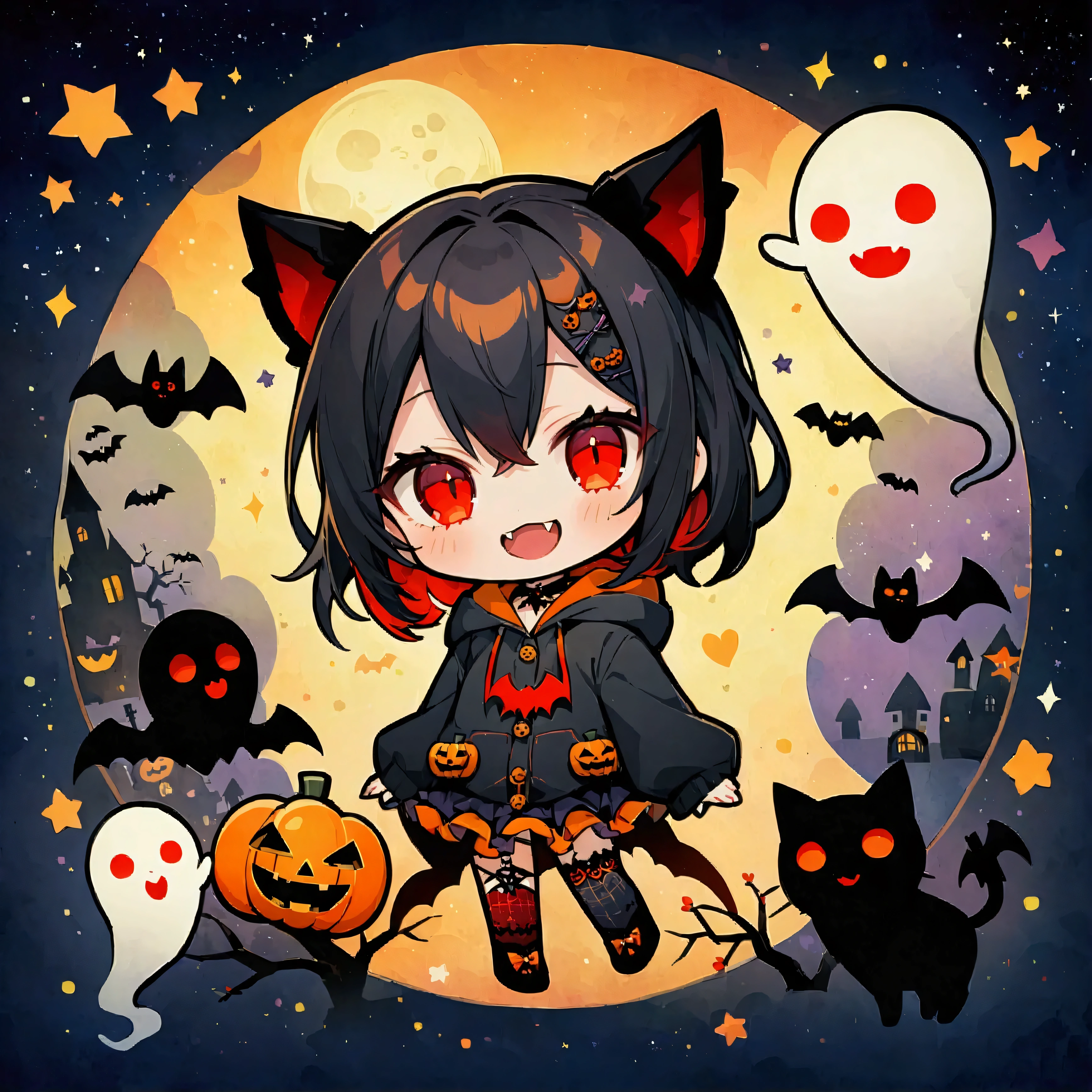 handicraft artwork,patchwork,cloth,button,Felt fabric,Embroidery thread,Handicrafts with a warm and gentle atmosphere,(Halloween,A vampire girl wearing a hooded hoodie with black cat ears laughs,Double teeth:Show your fangs,Red eyes,Chibi, full body,ghost silhouette,Bats,Night Sky,star,moon),A dream-like sight,rustic colors,intricate details,artwork,Three-dimensional