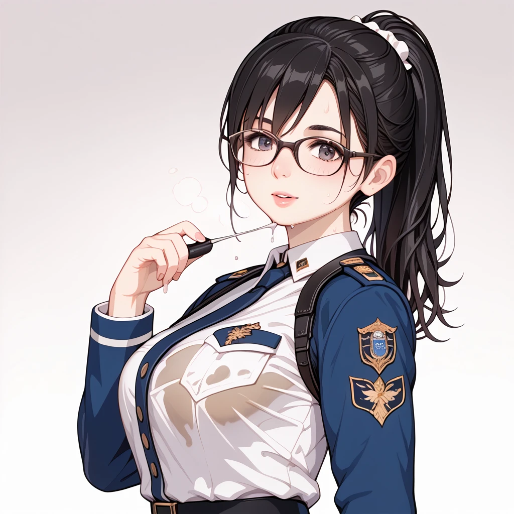 Black Hair, long hair, ponytail,Glasses,uniform,Dripping Sweat, Drenched ,Dirty clothes, tattered clothes,shabby shed , dirty mat , pushed over, 1 girl, 