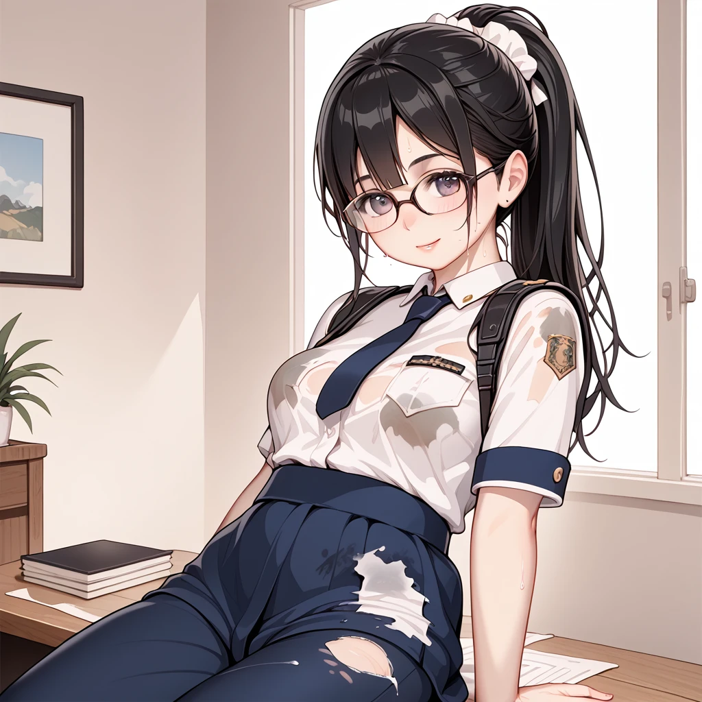 Black Hair, long hair, ponytail,Glasses,uniform,Dripping Sweat, Drenched ,Dirty clothes, tattered clothes,shabby shed , dirty mat , pushed over, 1 girl, 