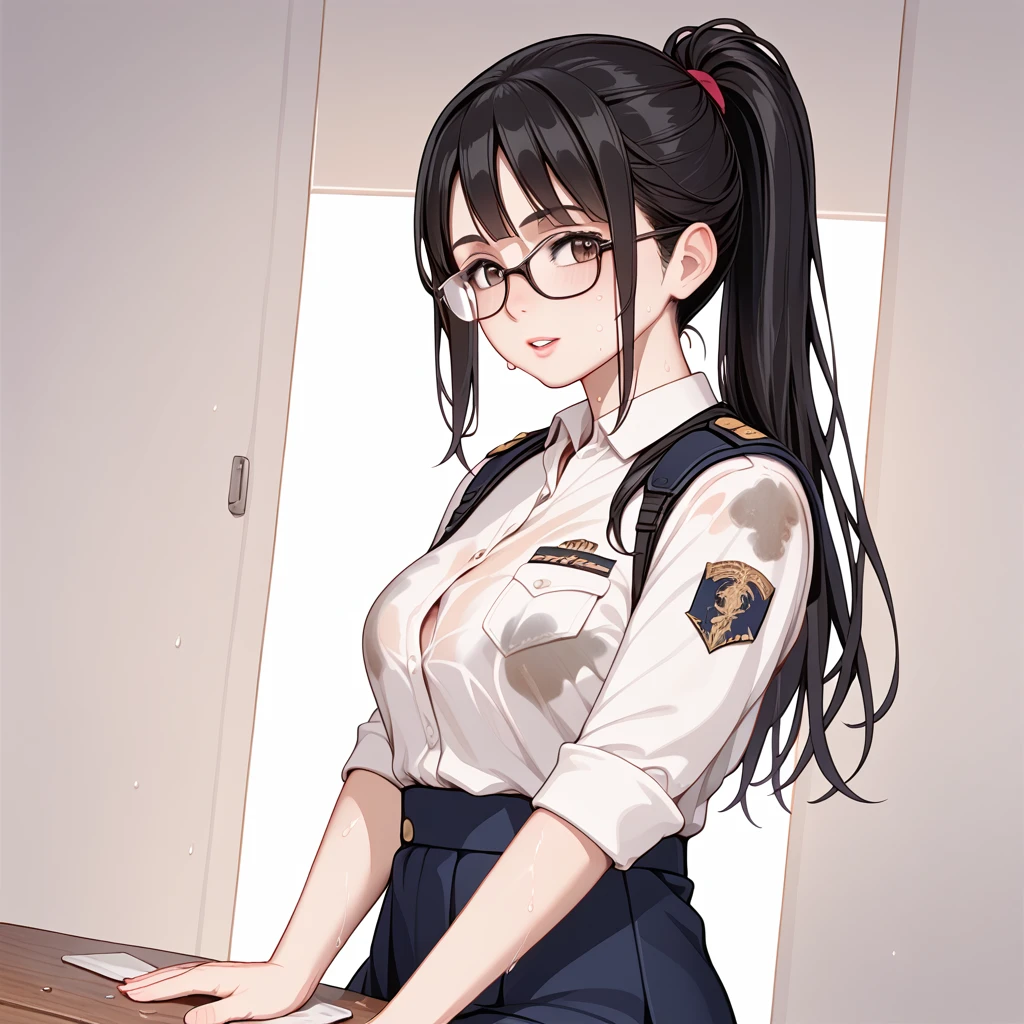 Black Hair, long hair, ponytail,Glasses,uniform,Dripping Sweat, Drenched ,Dirty clothes, tattered clothes,shabby shed , dirty mat , pushed over, 1 girl, 