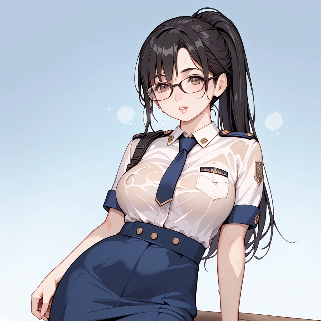 Black Hair, long hair, ponytail,Glasses,uniform,Dripping Sweat, Drenched ,Dirty clothes, tattered clothes,shabby shed , dirty mat , pushed over, 1 girl, 