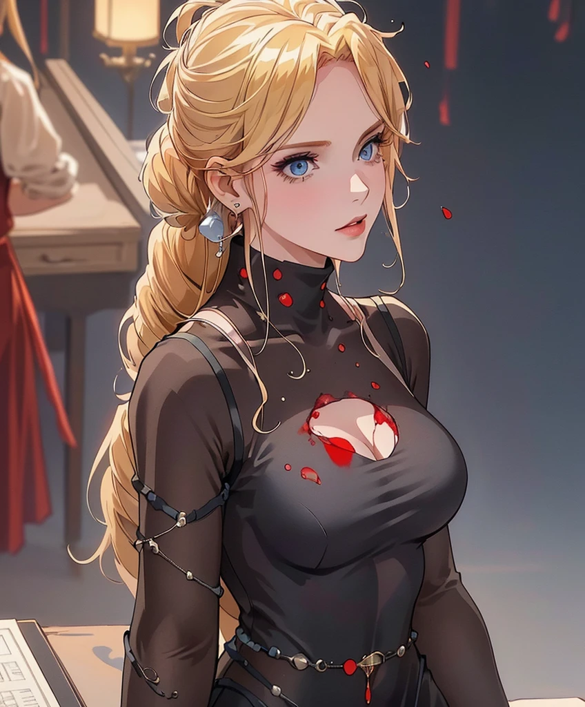 (blood droplets)), ((blood)), ((blood splatter)), ((blood on clothes)) ((blood stain)), (masterpiece, best quality, ultra-detailed, highres, best illustration). Create a visually stunning and elegant portrayal of a 35-year-old professional woman in her office attire and blue eyes. Picture her with a poised demeanor, wearing a tailored, sleeveless charcoal-gray business suit that exudes sophistication. cleavage, broad shoulders. Her sleek, light-blonde hair is styled in a tasteful updo, complementing the subtle pearl earrings adorning her ears. The ambient office lighting softly highlights her graceful features as she confidently sits at her desk, surrounded by an atmosphere of success and professionalism. Capture the essence of modern femininity and corporate elegance in this AI-generated artwork. (extremely detailed illustrated 8k wallpaper).