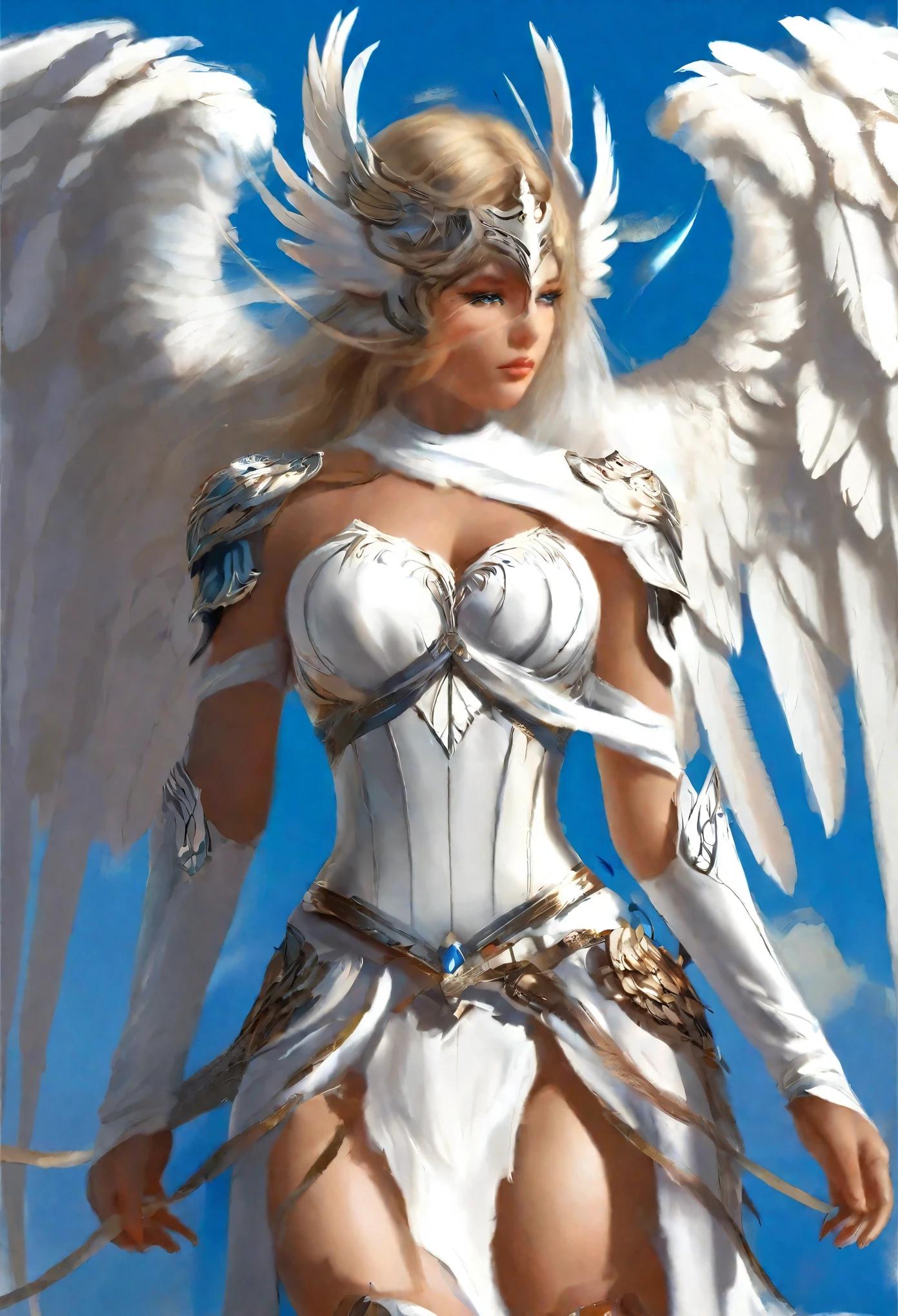 1 female angel，White cape showing at waist_wings armor feathers_Long wing feathers_Hair Shoulders Armor Shoulders_Single piece of armor_Upper wing separation_The body is white_Theme blue_Wings Wings