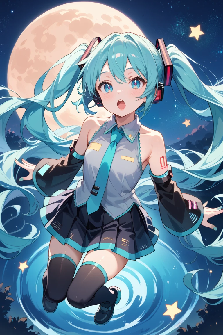 score_9, score_8_up, score_7_up, score_6_up, 1girl,
hatsune miku,
solo,full body,fantasy,dreamlike,night,a dreamy scene,aqua nails,long hair,aqua eyes,necktie,starry sky,black footwear,armlet,open mouth,sky,moon,sleeveless shirt,shirt,black skirt,pleated skirt,small stellated dodecahedron,very long hair,stellated octahedron,aqua necktie,tattoo,night sky,sleeveless,from above,thighhighs,grey shirt,bare shoulders,black thighhighs,shoulder tattoo,twintails,star \(sky\),skirt,detached sleeves,absurdly long hair,looking up,