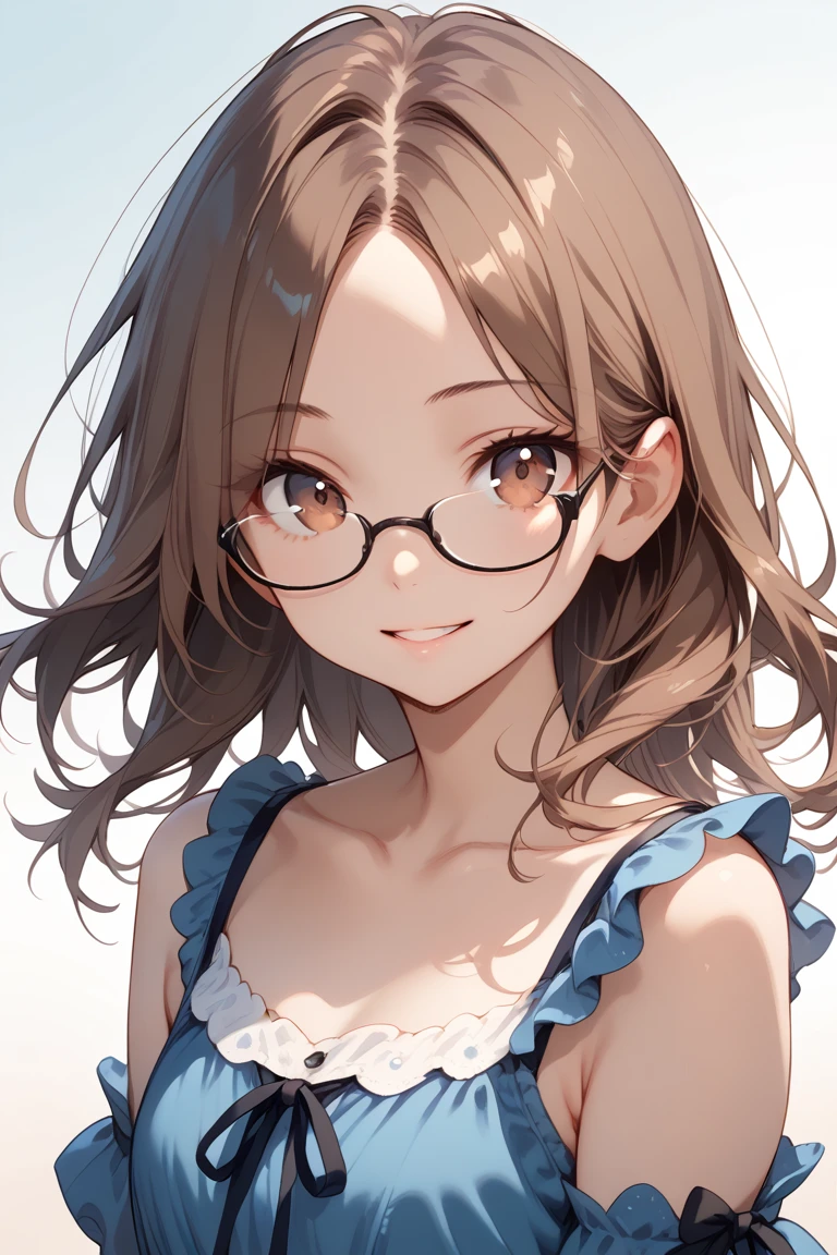 score_9, score_8_up, score_7_up, 1girl, solo, brown hair, long hair, brown eyes, collarbone, looking at viewer, dress, upper body, smile, glasses, parted lips, parted bangs, blue dress, ribbon, gradient background, bangs, black ribbon, eyes visible through hair