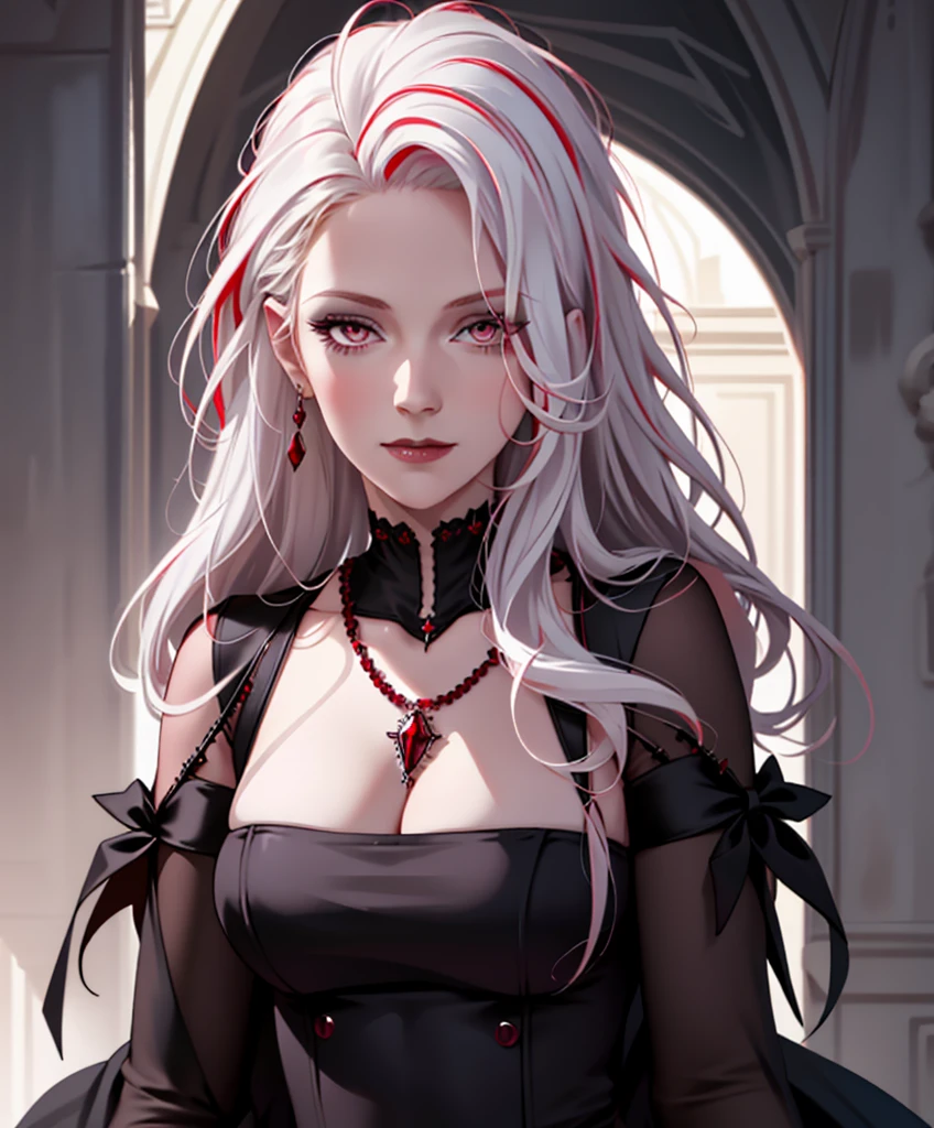 Realistic Portrait, Elegant mature woman (1 female), with deep red eyes, white hair, long hair, ruby amulet, focus on the face, close-up shot, cleavage, gothic black dress, portrait, one girl, white hair, red eyes, disqusted face front view, only upper body, up to waist, soft light, high detail, 4k resolution, high quality, beautiful CG