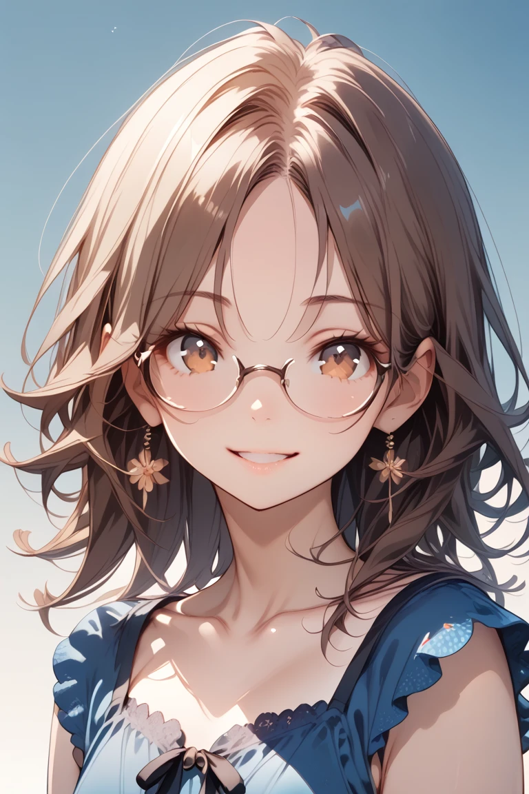 score_9, score_8_up, score_7_up, 1girl, solo, brown hair, long hair, brown eyes, collarbone, looking at viewer, dress, upper body, smile, glasses, parted lips, parted bangs, blue dress, ribbon, gradient background, bangs, black ribbon, eyes visible through hair