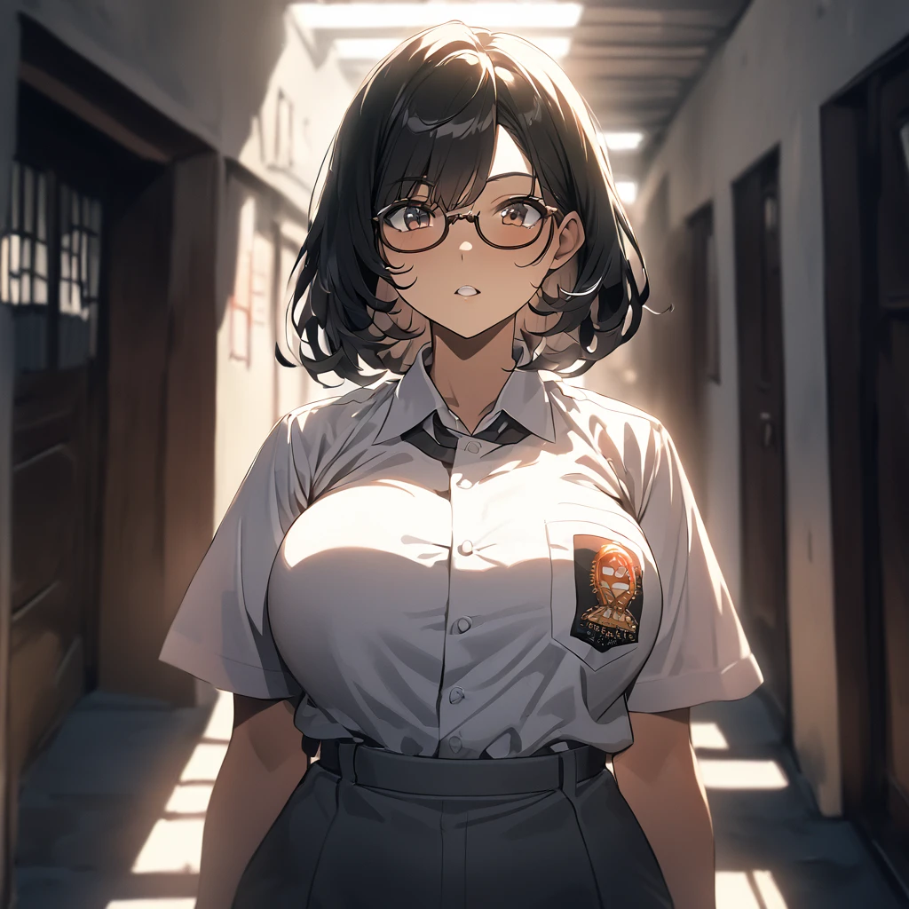  From front, anime girls, light skin, Mommy aura, black hair, short hair, wave hair, Eye glasses, huge breas , big thigs, Indonesia highschool Uniform, On school, Warm lighting, Dramatic lighting, Cinematic, 4K quality, Beautiful scenery, confidence expression