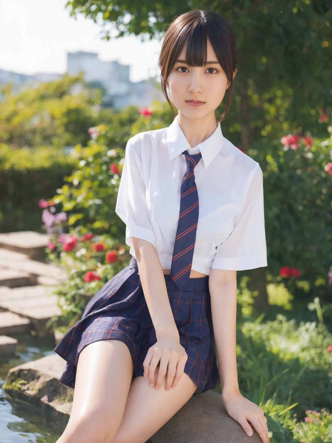 ((highest quality, 8K, masterpiece :1.3)), Photorealistic、Ultra-high resolution、Natural skin texture、Hyperrealism、Photograph from the knee up、12 year old beautiful Japanese girl、White collared shirt and tie、Checkered mini skirt、Serious expression、Pain and gasping