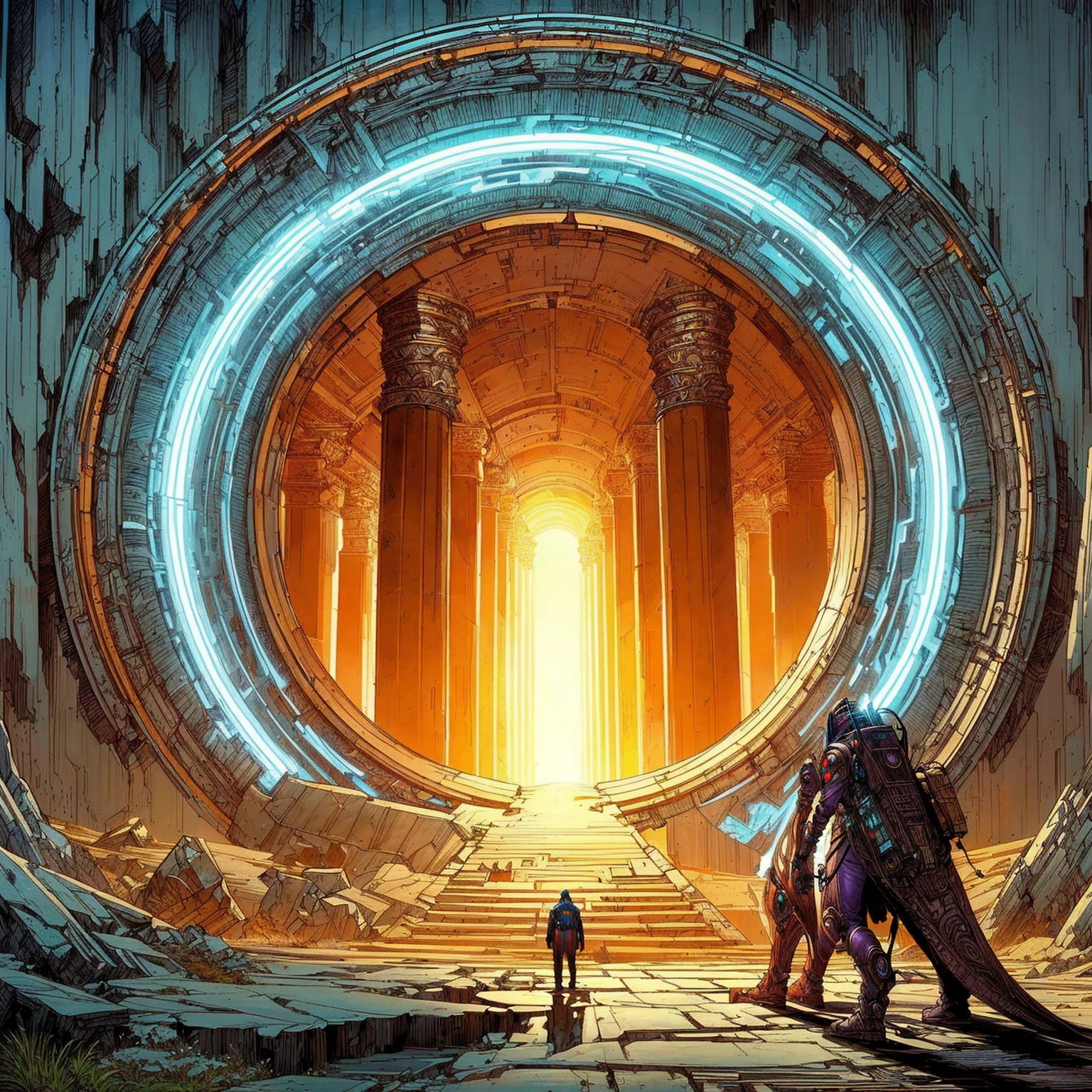 a man standing in front of a giant tunnel with a giant dinosaur, ancient alien portal, epic fantasy sci fi illustration, Moebius, greg beeple, ancient science fiction art, doors that are cosmic portals, mystical sci-fi concept art, symmetrical epic fantasy art, portal to another world, ancient biomechanical temple, ancient futuristic, ancient yet futuristic