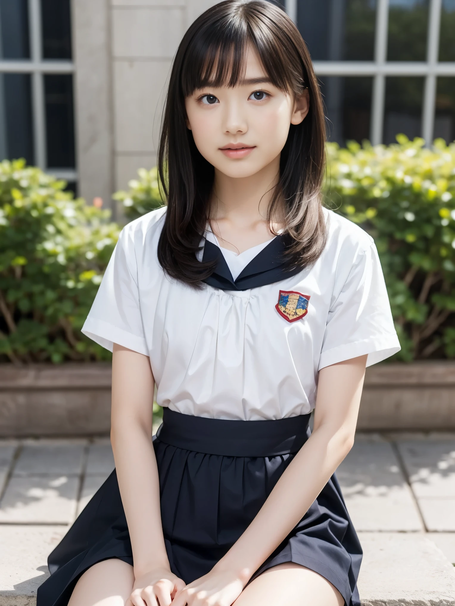 Lens: 135mm f1.8, (top quality), (beautiful 14-year-old Japanese girl), (moisturized lips), narrow eyes, double eyelids, delicate collarbone, flat chest, smile, (spotted Sunlight: not 1.2), Professional lighting, (Small figure), (Tanned skin: 0.2), Full body photo, ((Full body focus)), (Kneeling), Neat honor student, Gradual body, (School uniform: 1.5 ), various hairstyles, sunny summer sandy beach, very, very small breasts, undeveloped breasts, very cute, very young, lower body in underwear
