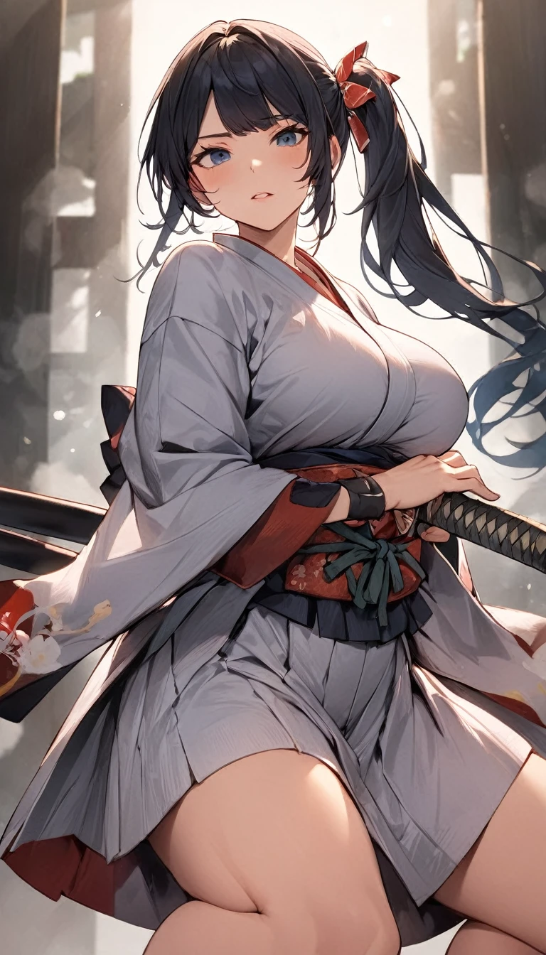 (((Best Quality, 8k, masterpiece: 1.3)), (  Details),  perfect face,  high definition,  wrinkled skin ,  anime style, Girl Samurai,   girl,  Black Hair ,  side ponytail, Japanese sword in its sheath, kimono,  Light Green Japanese Clothes, From below19歳, ((Huge ))  saggy breasts、 sexy,  excited ,((Huge ))、Magical Girl on the Clouds 、Pastel colored clouds、 COMPLETE ANATOMY、 small face、small nose、  plump lips、 twin tails、 Rainbow Colored Hair 、Dirty clothes、 Disheveled Clothes Pure White Background  ))、Best Quality、 high definition、 high definition、  cinematic lighting、Professional Photographer