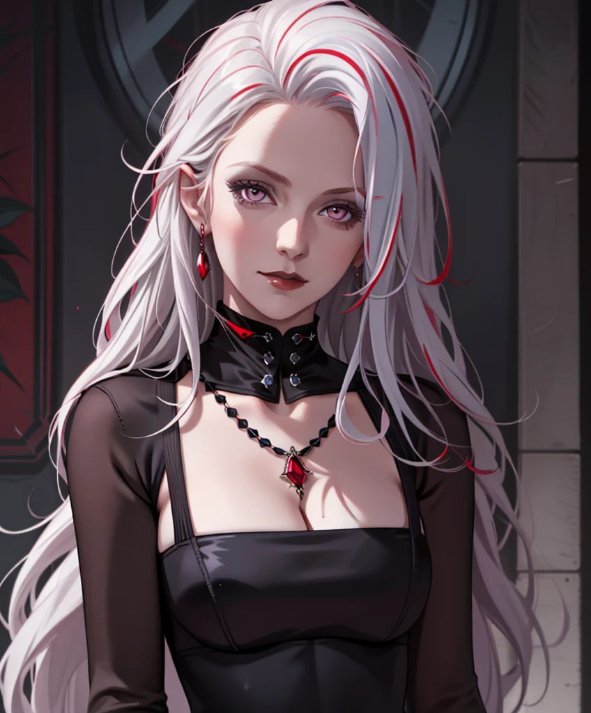 Realistic Portrait, Elegant mature woman (1 female), with deep red eyes, white hair, long hair, ruby amulet, focus on the face, close-up shot, cleavage, gothic black dress, portrait, one girl, white hair, red eyes, disqusted face front view, only upper body, up to waist, soft light, high detail, 4k resolution, high quality, beautiful CG